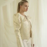 Embroidered Tafetta Blouse Jacket (Balochi Style), Cropped Top, and Shiny Silk Satin Trousers